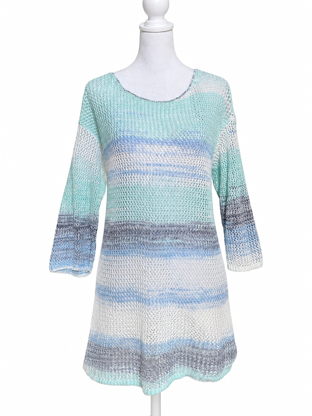 J.Jill Blue White Open Knit Stripe Cotton Tunic 3/4 Sleeve Sweater top